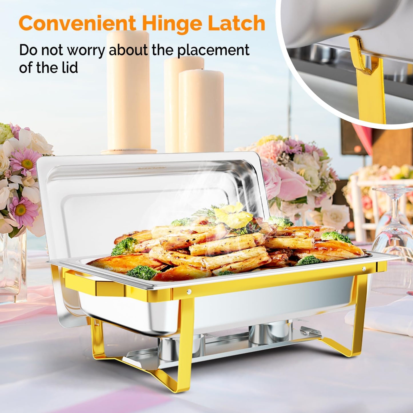 Bonnlo 8 Pack Chafing Dishes for Buffet, 9 Qt Stainless Steel Food Warmer Set with Lids, Rolled Edge Catering Chafer with Folding Frame for Wedding, Banquet, Party & Hotel Service, Silver & Gold