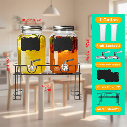 Galssmagic 1 Gallon Glass Drink Dispenser with Stand,2 Pack Glass Beverage Dispenser with Stainless Steel Spigot,Water Lemonade Dispenser for Parties