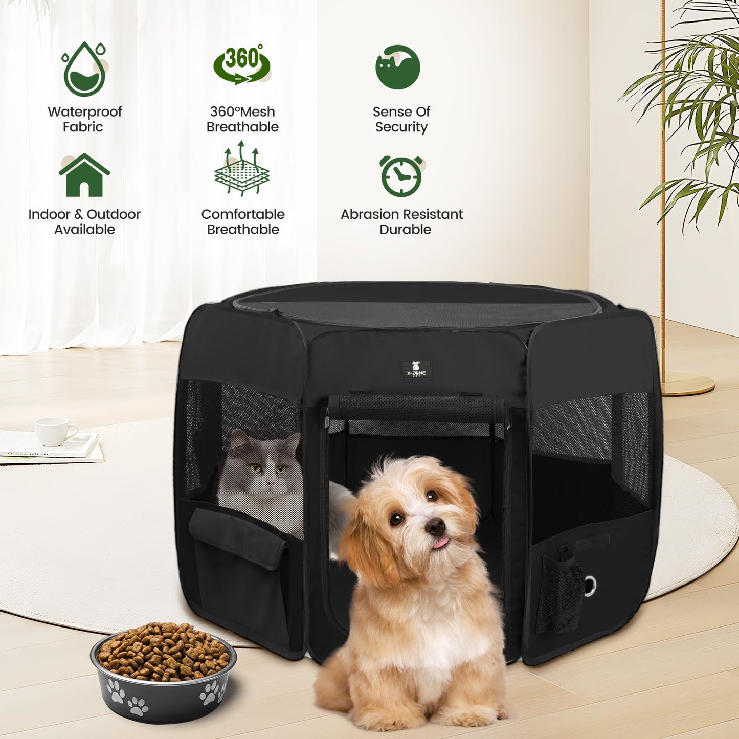 X-ZONE PET Dog Playpen Portable Pet Play Pens for Puppies, Cat, Rabbit, Chicks, Foldable Exercise Play Tent Kennel Crate, Indoor/Outdoor Travel Camping Black X-Large