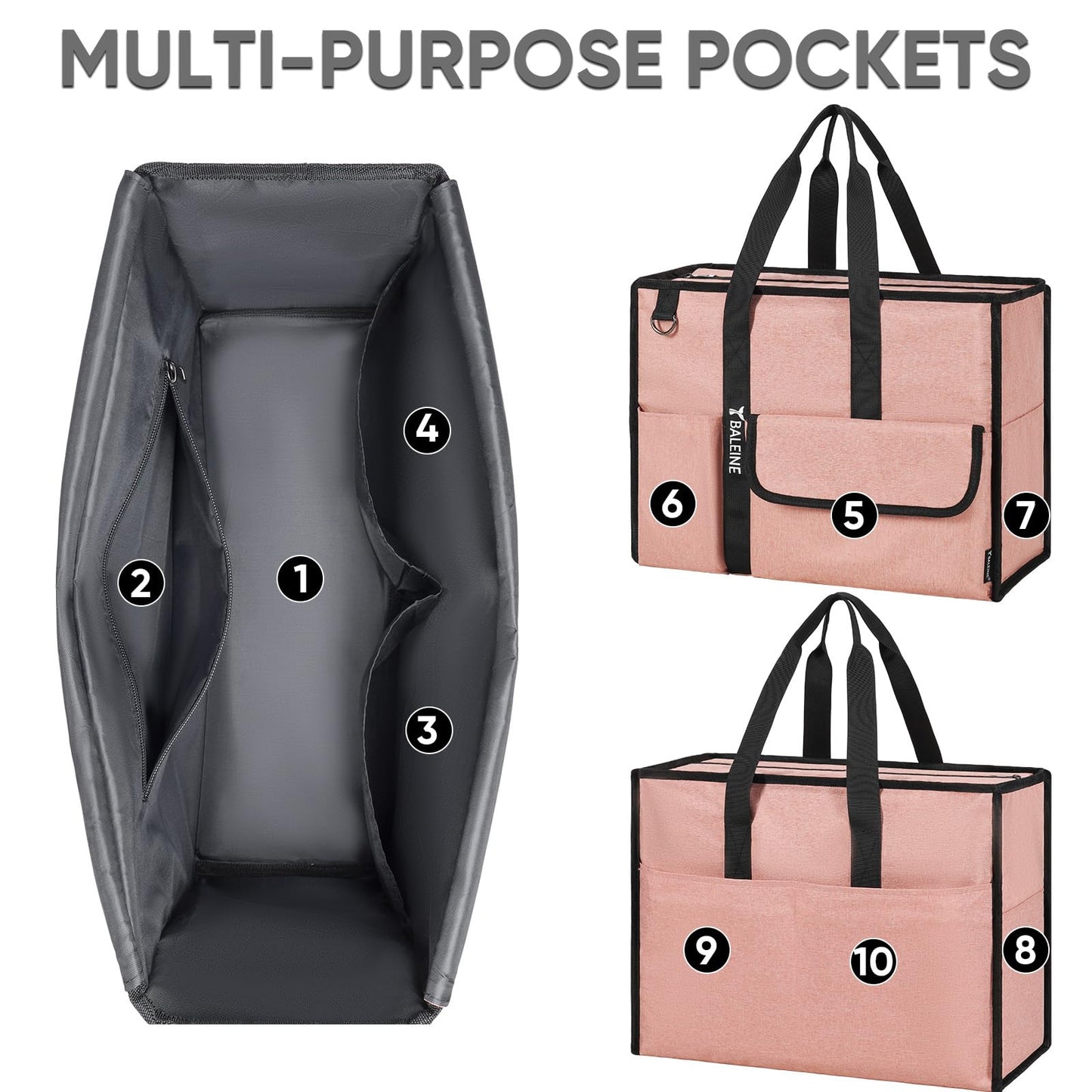 BALEINE Large Utility Tote Bag with Reinforced Bottom, Multi-Pockets and Top Zipper Closure, Perfect for Teachers, Nurses, Travel, Work - Water-Resistant (Medium, Navy)