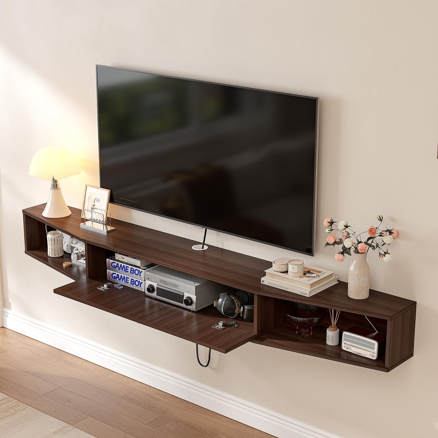 FloatiCasa 78inch Floating TV Stand, Plywood Wall Mounted Media Console with 1 Flip Down Door & 5 Open Shelves, Modern Floating Entertainment Center with Wire Management for Living Room, Walnut