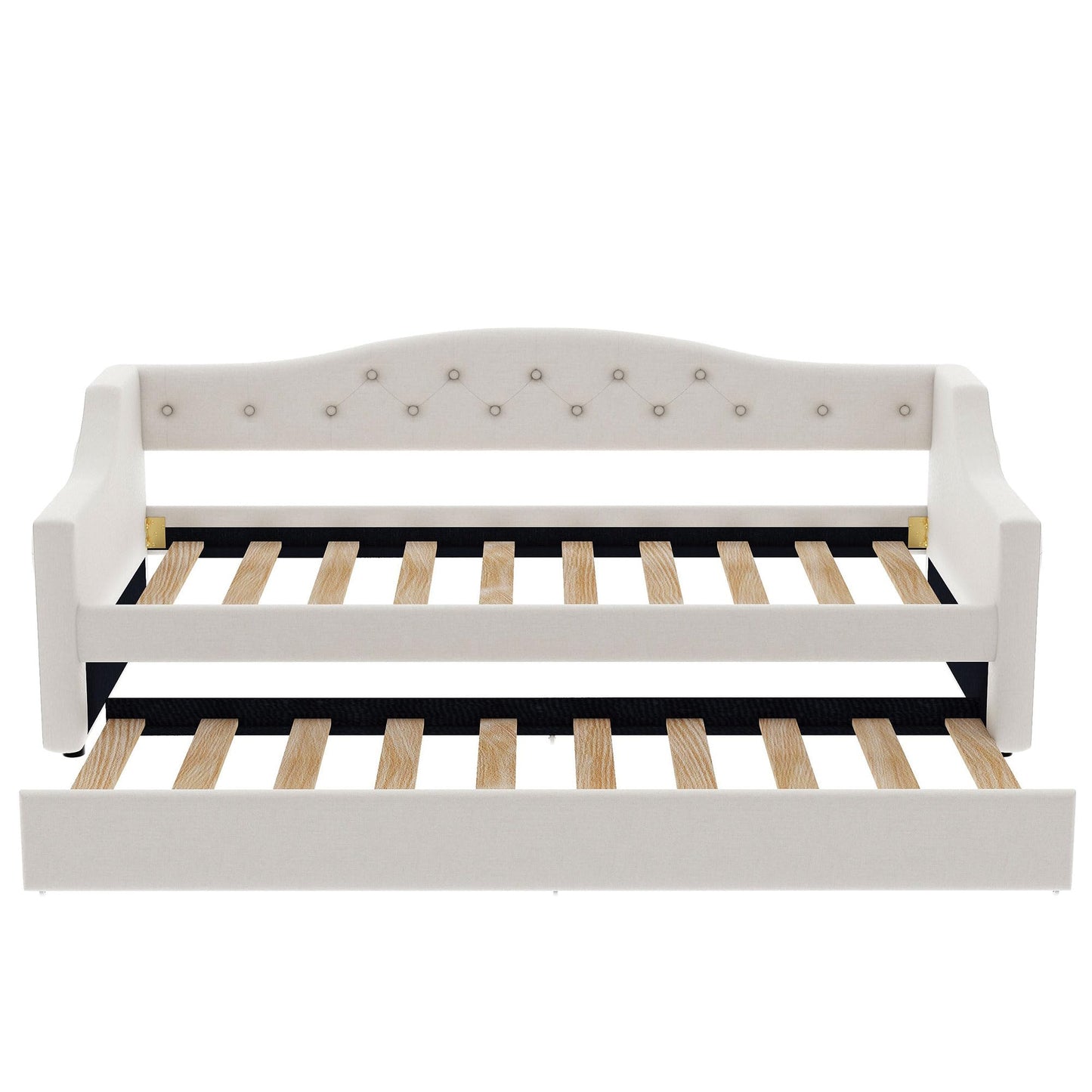 GDFStudio Twin XL Upholstered Daybed with Linen Fabric, LED Lighting Belt, Pull-Out Trundle, Sturdy Pine Wood Frame with Slats, Modern Beige Platform Bed for Users, No Box Spring Required, Beige
