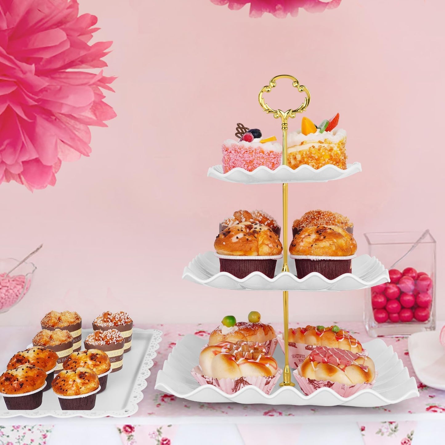 5 Pcs Dessert Table Display Set - 2 Pcs 3-Tier Dessert Display Stands & 3 Pcs Serving Tray - Dessert Trays Dessert Stands Treat Table Displays Set for Tea Parties,Birthdays & Baby Showers