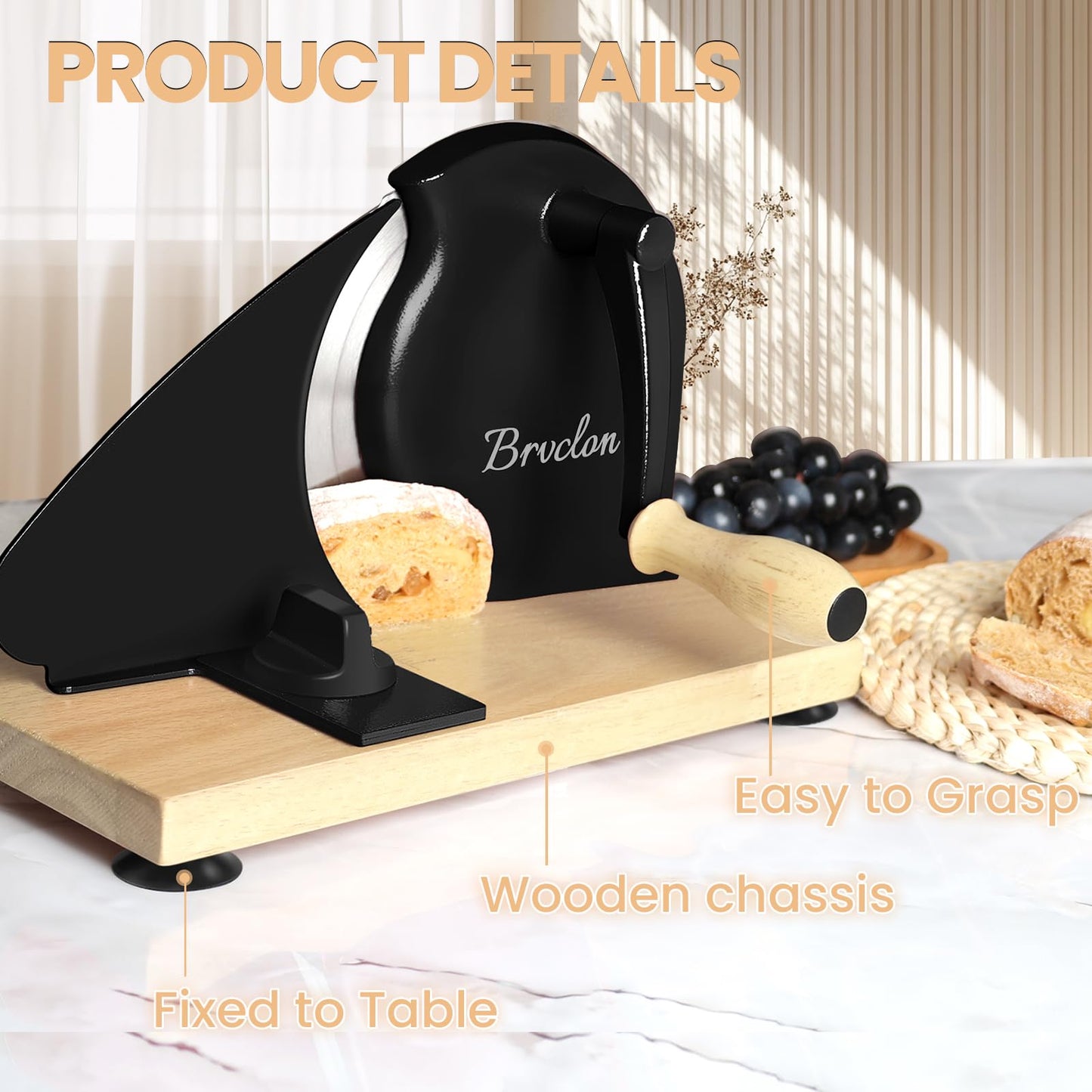 Brvclon Manual Bread Slicer for Homemade Sourdough,Adjustable Thickness,Hand Crank Bread Slicer with Stainless Steel Blade, Aluminum Alloy Frame & Solid Wood Base with Natural Wood Veneer Finish