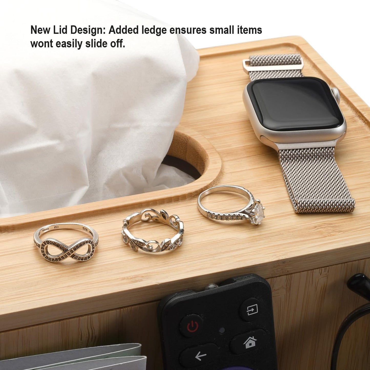Bamboo Tissue Box Holder & Tablet Stand Organizer - Compartments for iPad, Phones, Remote Controls, Notepads, Pens