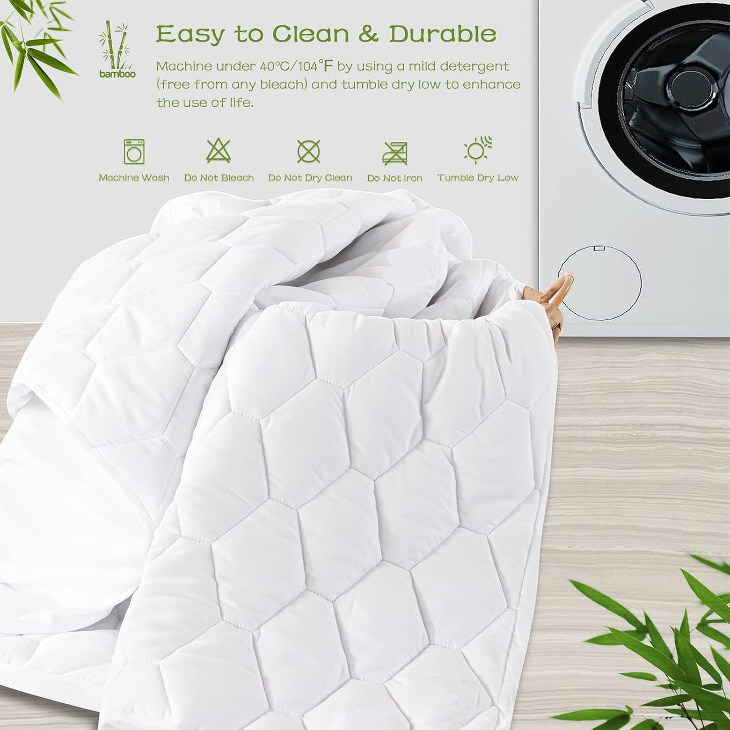 21" GRT Queen Mattress Protector Waterproof, Rayon from Bamboo, Cooling Quilted Fitted Mattress Pad, Noiseless