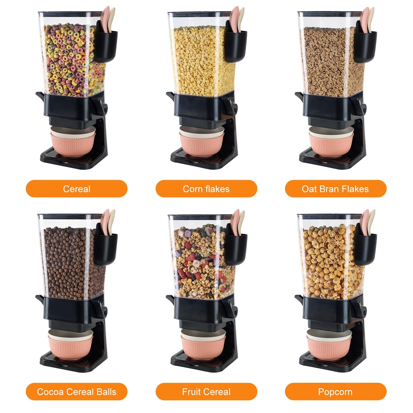 Osacoe Cereal Dispenser Countertop Black 2 Pack with Bowls Spoons Cutlery Box,5.5 QT Dry Food Dispenser Snack Organizer Containers Storage for Pantry Kitchen Organization Oatmeal Nut Granola Candy