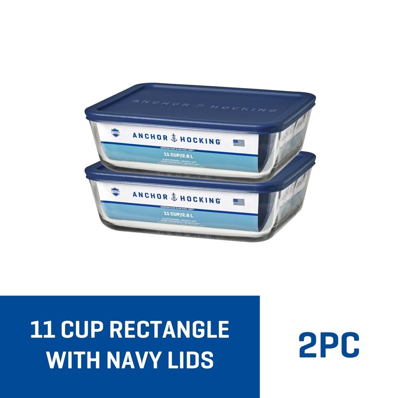 Anchor Hocking 11-Cup Glass Storage Containers with Lids, Set of 2 Glass Food Storage Containers with Navy SnugFit Lids