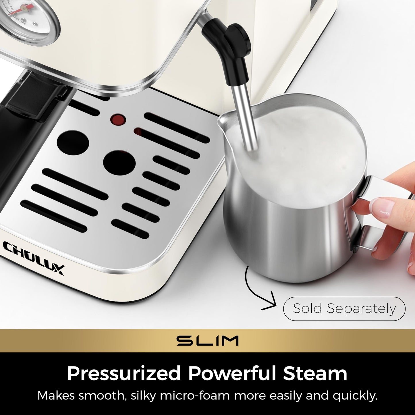 CHULUX Slim Espresso Machine with Milk Frother, 20 Bar Professional Italian Pump Espresso Coffee Machine for Home Cappuccino & Latte Maker, Stainless Steel, Creamy
