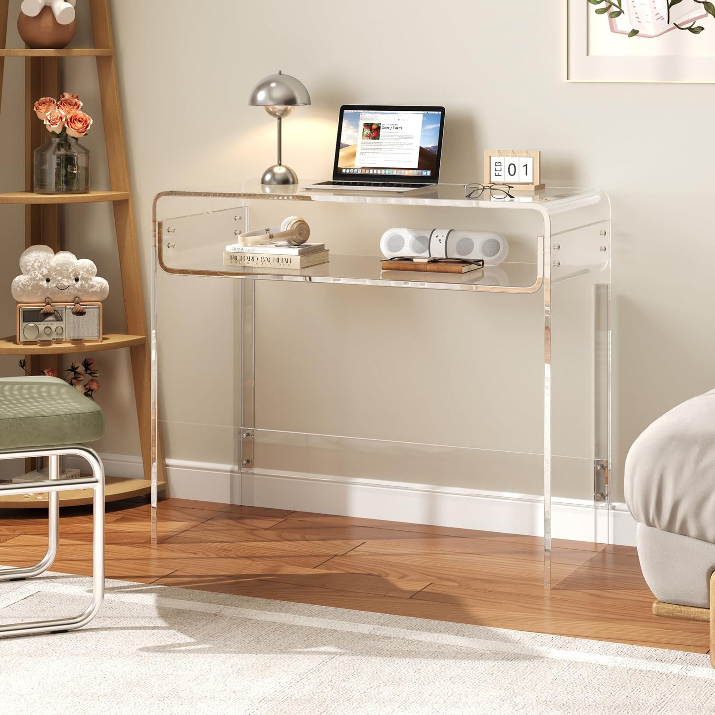 XOHYW Acrylic Office Desk, Modern Laptop Writing Study Table with Open Storage, Transparent Console Entryway Table, 33.5" L x 15.8" W x 29.5" H, for Home, Bedroom (Clear)