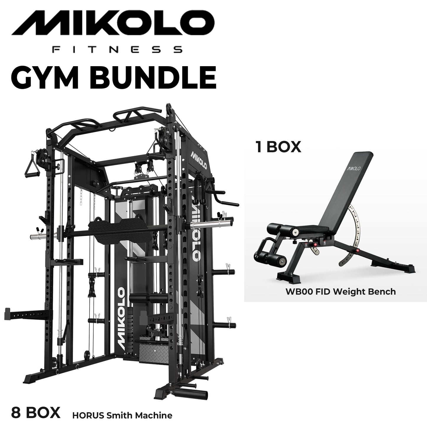Mikolo Smith Machine with Weight Stack, Power Cage Home Gym System with LAT Pulldown & Cable Crossover, Multi-Functional Trainer with Dual Pulley System, Weight Bench, Cable attachments