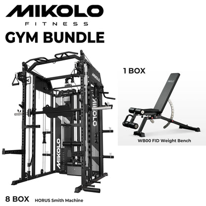 Mikolo Smith Machine with Weight Stack, Power Cage Home Gym System with LAT Pulldown & Cable Crossover, Multi-Functional Trainer with Dual Pulley System, Weight Bench, Cable attachments