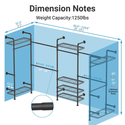 Timate U5 Expandable Wall Mounted Clothes Rack, Walk in Closet, Heavy Duty Industrial Pipe Clothing Rack with 4 Expandable Hanger Rods & 8 Adjustable Shelves, Fits Spaces 8'- 10', Black