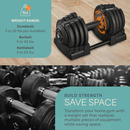 LifePro Adjustable Dumbbell Set, 3-in-1 Triform Barbell Kettlebell Weight Set — 2 to 43 lbs Turn-Dial Quick Adjust Weights for Home Gym, Compact Hand Weights for Women and Men