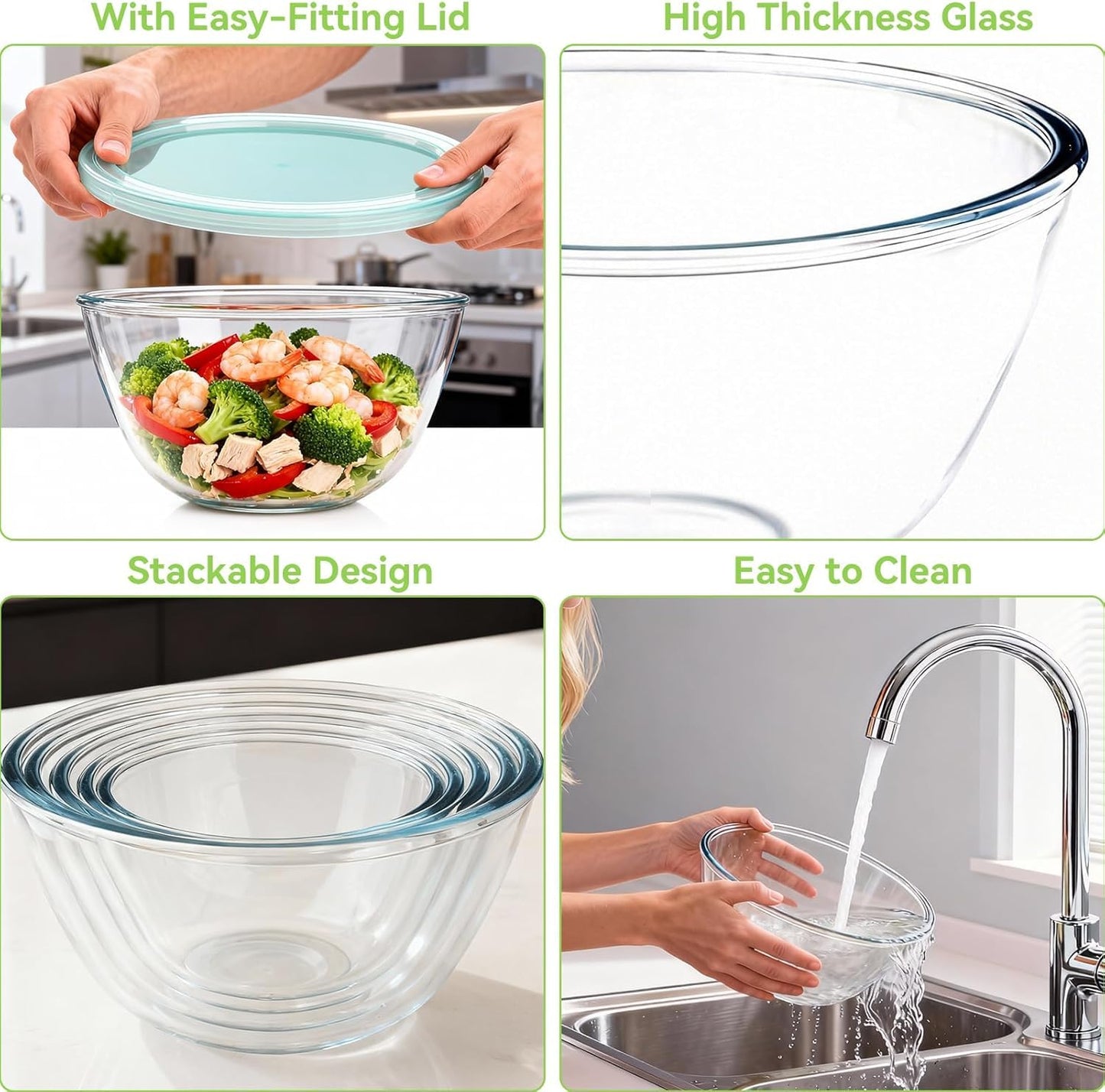 YUANYE 5 Pack Glass Mixing Bowls with Lids Set (5/2.5/1.5/0.9/0.6QT), Thick Glass Large Salad Bowl Set, Nesting Kitchen Bowls for Serving, Prepping, Cooking and Baking, Dishwasher,Oven,Microwave Safe