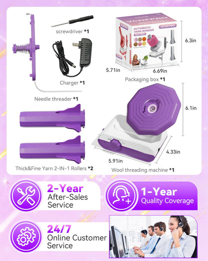 5.0 Upgraded Electric Yarn Winder【Top1 RPM German Motor】【SGS-Grade Precision Gears】Wool Yarn Ball Winder Compact Automatic for Crocheting Super Strong Tension, Ideal for Home and Studio (Purple White)