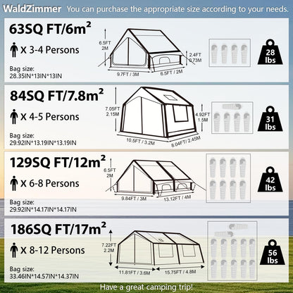 WaldZimmer 6sq Green Inflatable Camping Tent with Hand Pump Easy Setup Waterproof Windproof Outdoor Blow up Tent 3-4 Person Oxford 4 Season Glamping Air Tents Cabin House with Mesh Windows & Door