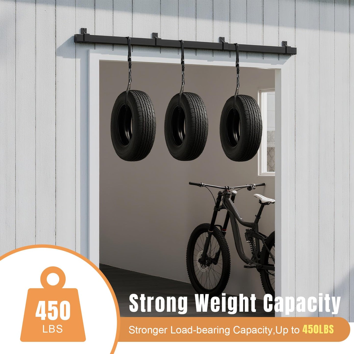 Easelife 16FT Exterior Sliding Barn Door Hardware Kit, Box Rail Track, 450lb Capacity, Black Weather-Resistant Steel, Wall Mount System for Outdoor Use, Fit Double 48in Door