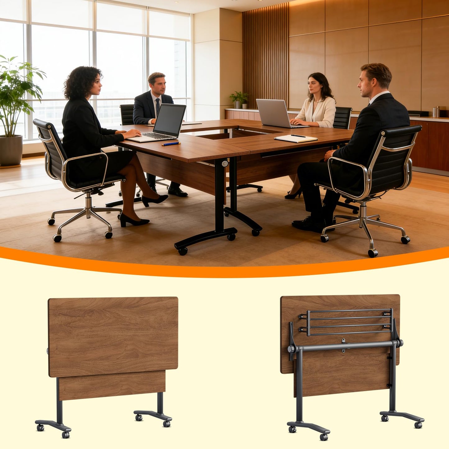 JNMDLAKO Modular Folding Conference Table with Locking Wheels, 10 Pack Flip Top Mobile Training Table, Modern Meeting Seminar Tables for Office, Hotel Conference Room(10,Walnut,55" L x 21" W x 29" H)
