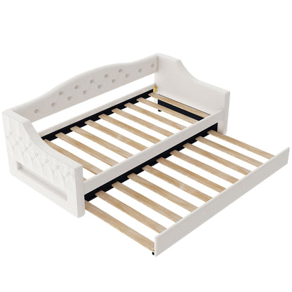 GDFStudio Twin XL Upholstered Daybed with Linen Fabric, LED Lighting Belt, Pull-Out Trundle, Sturdy Pine Wood Frame with Slats, Modern Beige Platform Bed for Users, No Box Spring Required, Beige