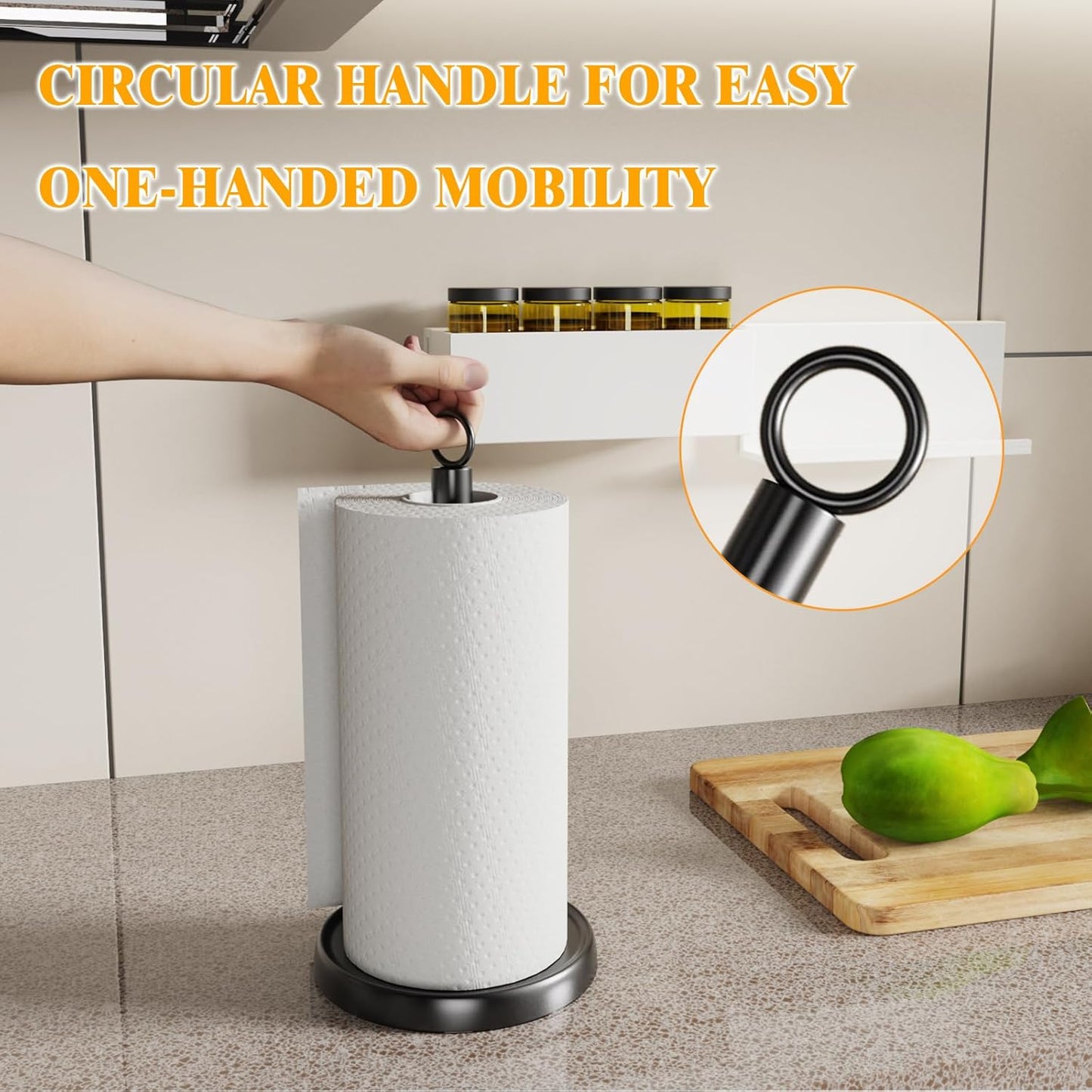 Countertop, Black Paper Towel Holder One-Handed Tear, Stainless Steel, Weighted Base, Ring Paper Towel Holder Stand