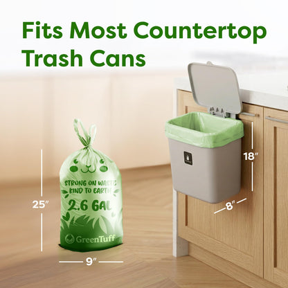 2.6 Gallon Compostable Trash Bags (100 Count) — Thick 0.7 Mil Small Compost Bin Liners — Leak-Resistant Plant-Based Food Scrap Bags for Countertop Kitchen Compost Pails — ASTM D6400 BPI Certified