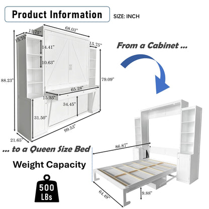 PVWIIK Queen Size Murphy Bed with Desk & Storage Cabinet,Shelf,Wall Bed Frame Folding into Cabinet Design w/Multifunctional Bed Frame for Small Space,Bedroom,Guest Room,White