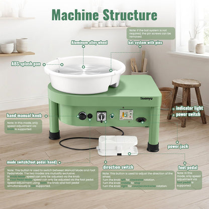 Huanyu Pottery Wheel Machine, 12-Inch Bat System Manual & Foot Pedal Control Electric Ceramic Wheel Forming Machine Art Clay DIY Sculpting Tool Kit (Green)
