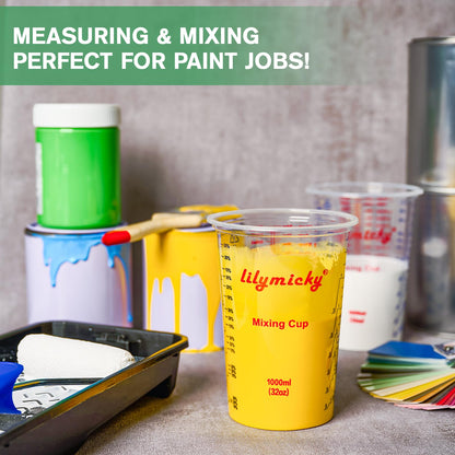 25 PACK Plastic Measuring Cups, 32 oz (1000ml) Disposable Mixing Cups, Measurement ratios: 2:1, 3:1, 4:1, Perfect for Epoxy Resin, Paint Mixing, Art DIY
