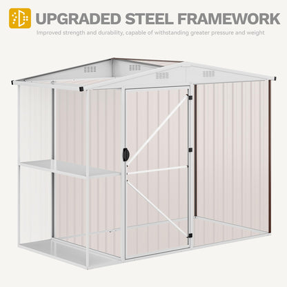 DWVO Outdoor Storage Shed 8x4FT with Rack, Metal Garden Shed with Storage Shelves, Bike Storage Tool Cabinet Box for Lawn Backyard Patio Use, Brown