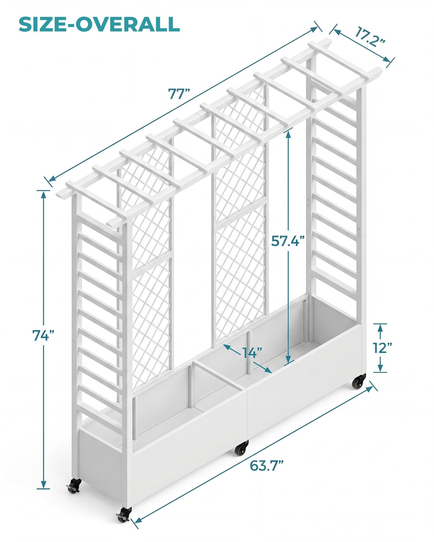 TinFrey Metal Raised Garden Bed with Trellis, 77" Double Planter Box with Pergola Top & Diamond Lattice, 6 Wheels (4 Lockable), Outdoor Trellis Planter for Climbing Plants Vines Flowers, White
