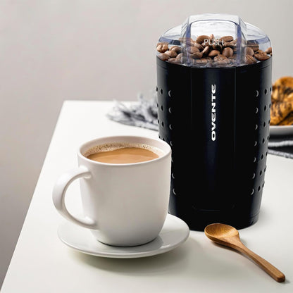 OVENTE Electric Coffee Grinder, Coffee Mill and Spice Grinder with 2.5oz Capacity, 150W Motor, One Touch Push-Button & Stainless Steel Blades for Uniform Grinding of Beans, Herb or Nuts, Black CG225B