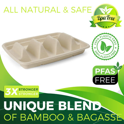 BIRCHIO 50 Pack Heavy Duty Disposable Fiesta Taco Holders, Taco Plates with 3 Dividers Serving for Party, Taco Stand for Taco Tuesday, Perfect for Taco Bar Supplies