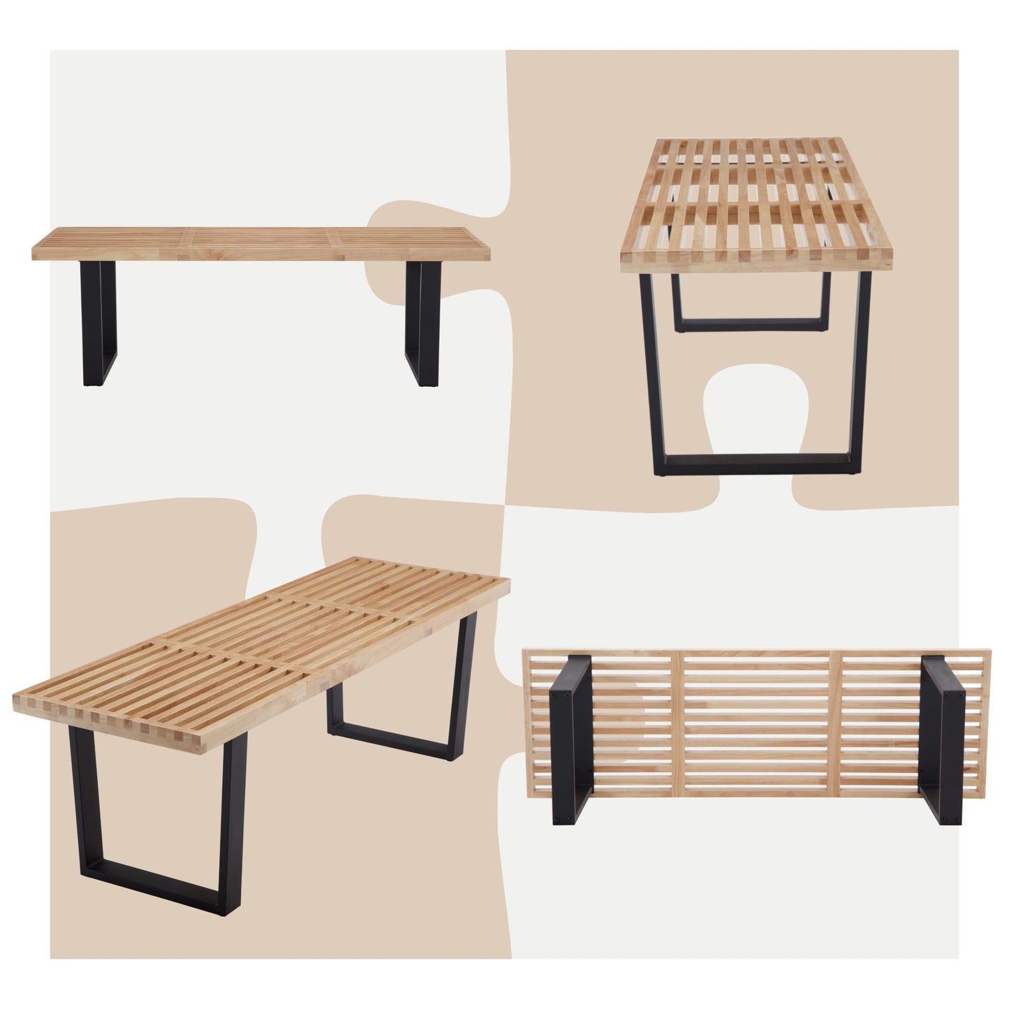 Hyfirm Natural Wood Dining Bench Nelson Slat Wooden Bench Entryway Bench, 55" Modern Wood Bench Indoor with Black Metal Legs Skeleton Seat for Living Room Bedroom End of Bed