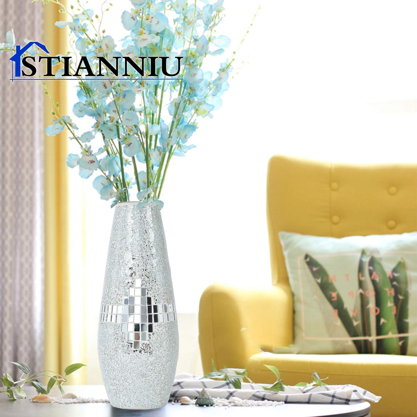 Decorative Shine Vase Stunning Handmade Mosaic Crackle Glass House Decor Table Centerpieces Modern Room Decoration (Silver)
