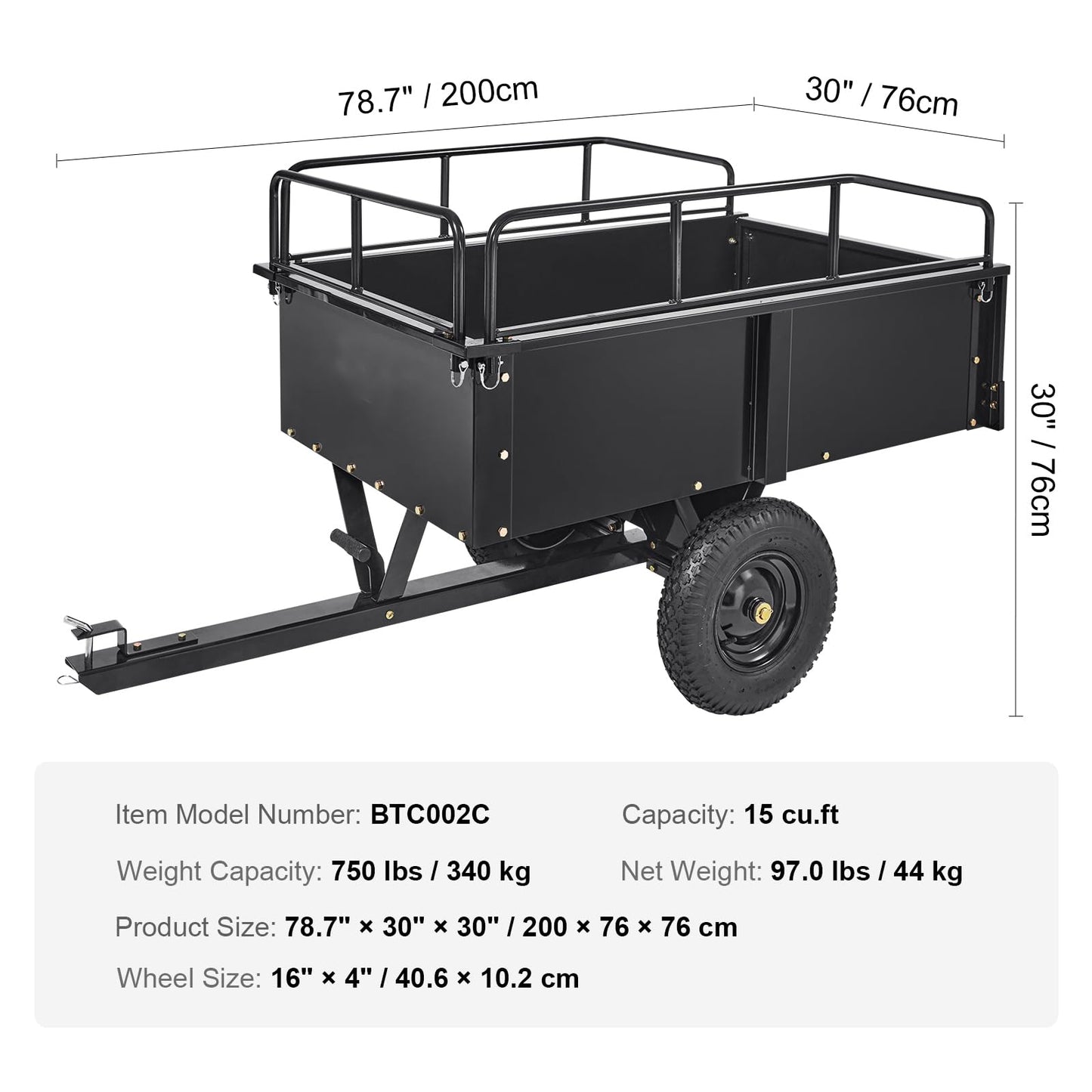 Happybuy Heavy Duty Steel ATV Dump Cart, 750-Pound Capacity, 15 Cubic Feet Garden Utility Trailer with Removable Sides for Lawn Mower Tractor - Black