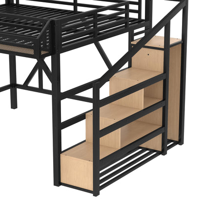 KEIKI Queen Size Loft Bed with Storage Stairs for Adults, Heavy Duty Bunk Beds with Shelves, Wardrobe, Metal Bedframe with USB Ports for Bedroom, Natural