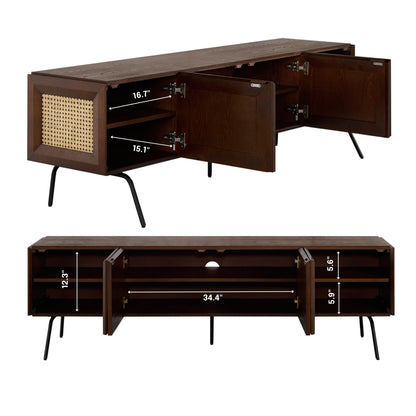 NTC Mossic TV Media Cabinet with 4 Doors for TVs, Entertainment Center with Natural Rattan, Metal Legs, Modern Storage Console for Living Room and Bedroom, Effortless Assembly, Dark Walnut