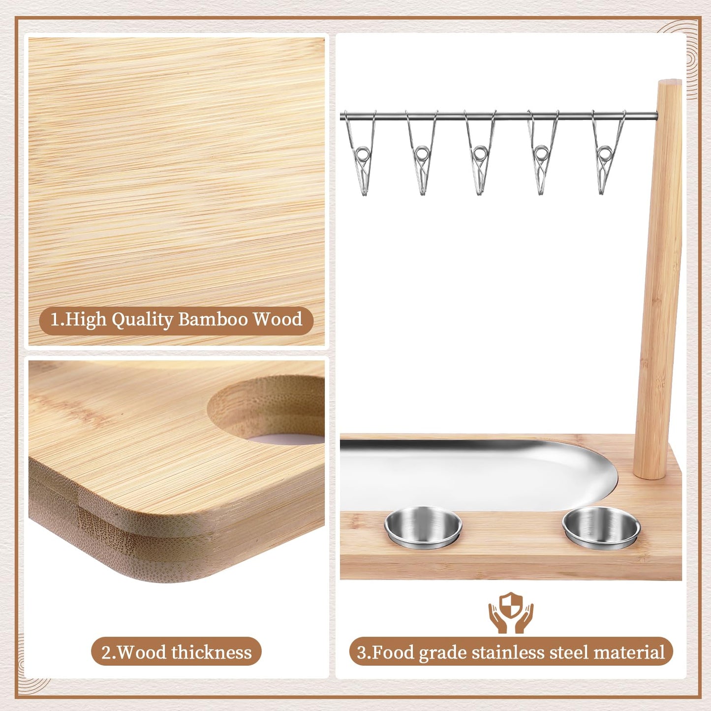 Triceratops Bacon Display Rack, Wood Bacon Serving Dishes, Bacon Hanger Charcuterie Cheese Board with Stainless Steel Serving Platter Tray