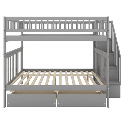 Favfurish Full-Over-Full Bunk Bed with Two Drawers and Storage,Wood Bed-Frame W/High Guardrail & Inclined Handrails,Bedroom Furniture for Children,Teens,Adults,Gray