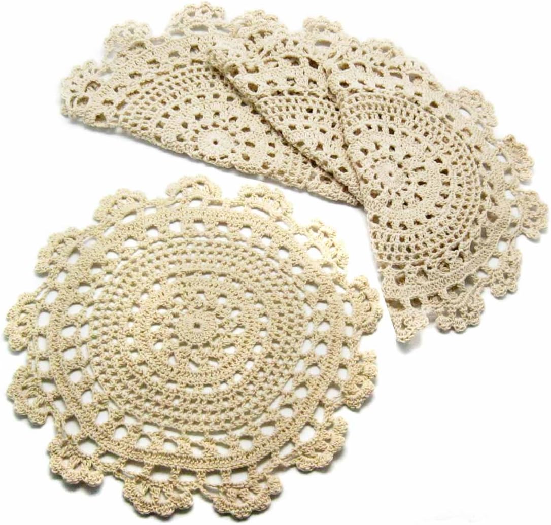 kilofly Handmade Crochet Round Cotton Lace Table Placemats Doilies Value Pack, 4 Medallion, 13 x 13 Inch, Beige