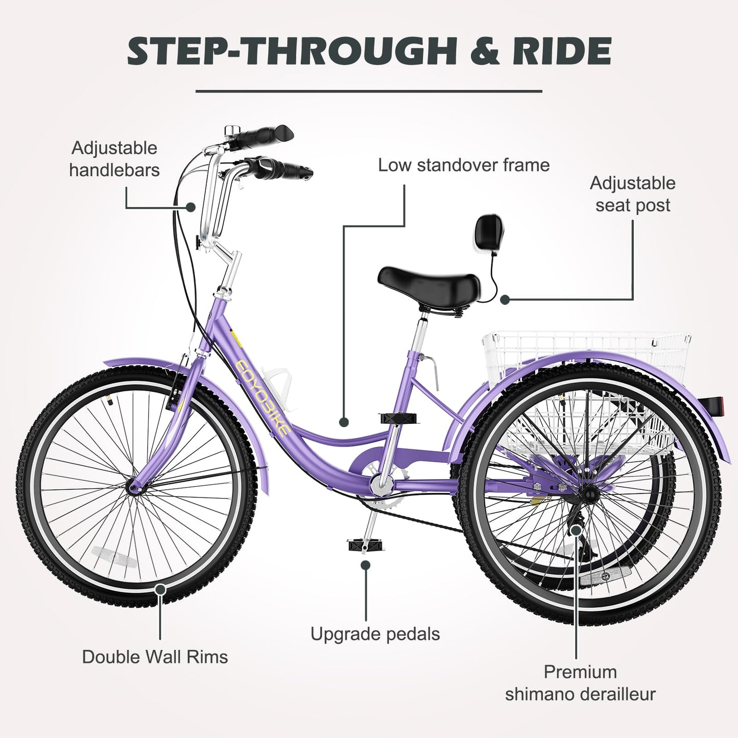 H&ZT Adult Tricycle, 3 Wheeled Bike, Trike Cruiser Bike, with 7-Speed Gear, Parking Brake Handle, Low Step, Large Rear Basket, Elderly Friendly, for Men, Women, and Teens