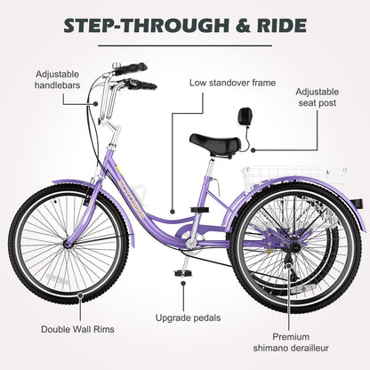 H&ZT Adult Tricycle, 3 Wheeled Bike, Trike Cruiser Bike, with 7-Speed Gear, Parking Brake Handle, Low Step, Large Rear Basket, Elderly Friendly, for Men, Women, and Teens