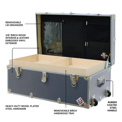 Rhino Trunk & Case Small Essential Trunk With Wheels, Tray, & Lid Organizer - 30"x17"x13", 1000+ lbs Capacity. Strong, USA Made Summer Camp Footlocker, and Secure College Dorm Storage Chest