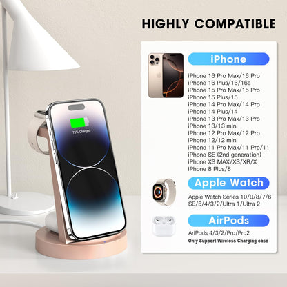 3 in 1 Charging Station for iPhone, Wireless Charger for iPhone 17 16e 16 15 14 13 12 11 X Pro Max & Apple Watch - Wireless Charging Station for AirPods 4 3 Pro