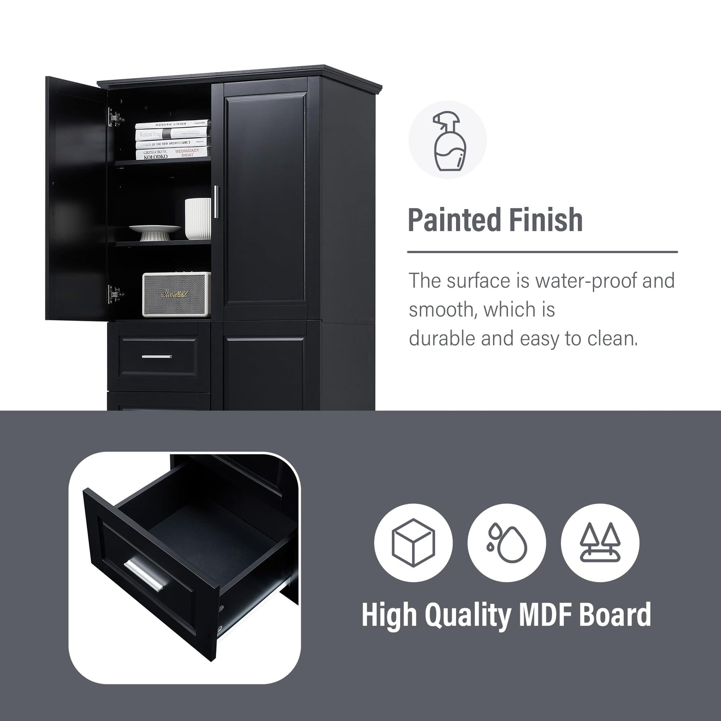 62.2" Wide Storage Cabinet Pantry Cupboard with Doors and Drawers for Home Kitchen, Bathroom and Living Room, Adjustable Shelf, Black