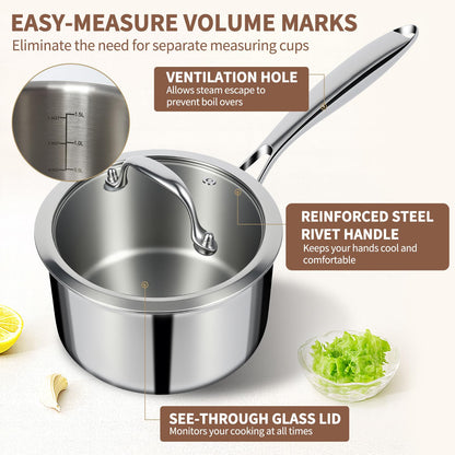 EWFEN 3 Ply Stainless Steel Sauce Pan Set with Lids, 1 & 2 Quart Multipurpose Cooking Pot, Stay-Cool Handle, Induction Oven Dishwasher Safe, 1QT & 2QT