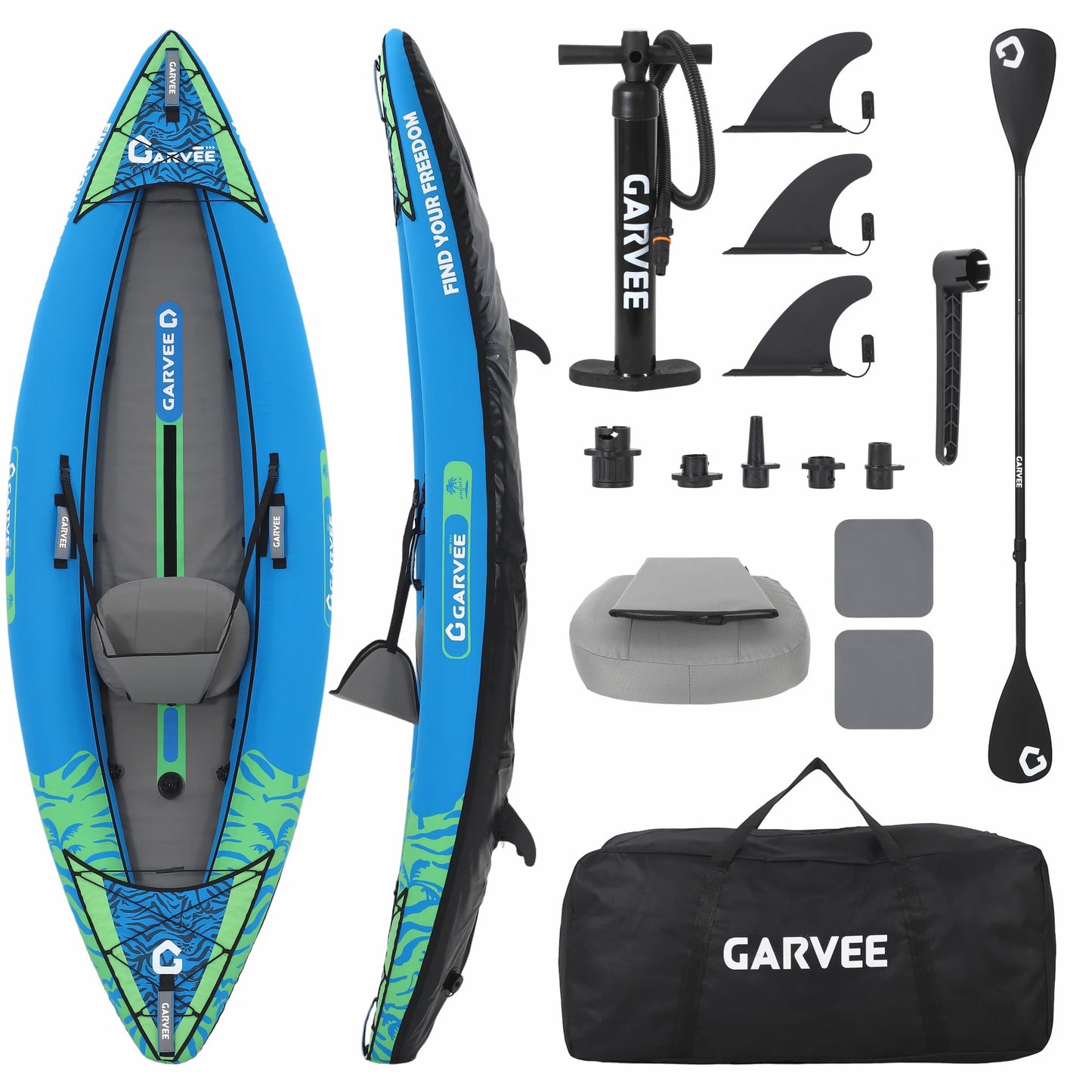 GarveeLife Inflatable Kayak for Adults - 400 LBS Capacity 1-2 Person Blow Up Boat with Paddle, Seat, Pedal, Hand Pump & Storage Bag, Blue/Sky Blue