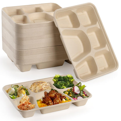 Peohud 50 Pack 6 Compartment Disposable Paper Plates, Bagasse School Lunch Tray, Heavy-Duty Sugarcane Plates, Microwavable Safe