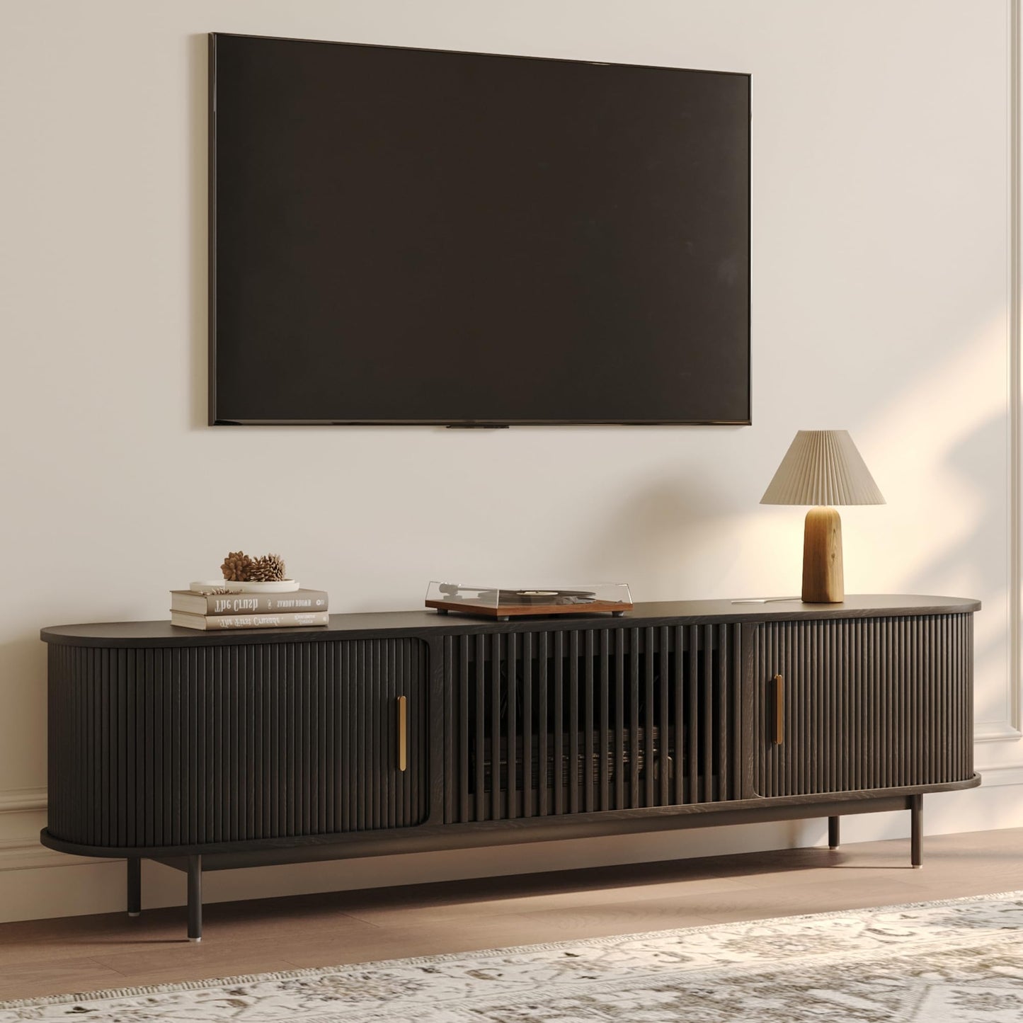 POVISON Fully-Assembled Mid Century Modern TV Stand, Sliding Tambour Door Entertainment Center with Storage, Wood TV Console, Media Console for Living Room Bedroom(Black, 78.74")